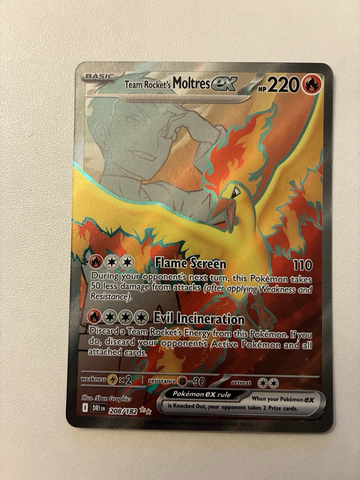 Pokémon Team Rockets Moltres EX Full Art 208/182 SV10 English, NM Condition