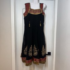 Embroidered Kurta Tunic Pakistani Indian Salwar Kameez Top XL Black Gold Dangles
