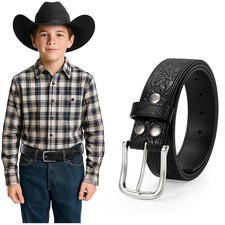 Boys Western Leather Belt Engraved Kids Cowboy Belt with Pin Buckle for Jeans...