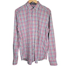 Bugatchi Mens Classic Fit Flip Cuff Button Down Shirt M Plaid Nylon Stretch
