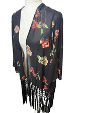 Soprano Black Floral Chiffon Kimono Duster Cardigan S Long Fringe Boho Festival