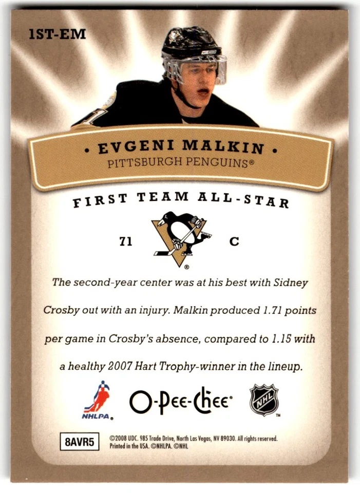 2008-09 O-Pee-Chee First Team All-Stars Evgeni Malkin #1ST-EM Pittsburgh - Image 2 of 2