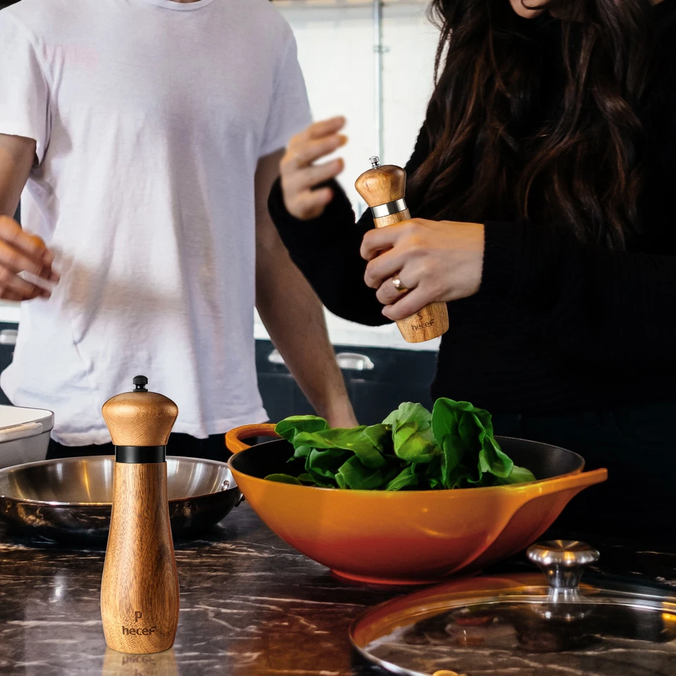 Juego de 2 molinillos de sal y pimienta madera de acacia 21 cm ajustable molino de especias de cerámica Foto 4 de 4