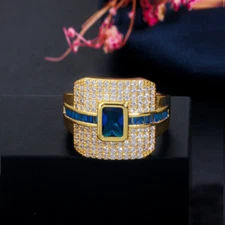 Dubai Gold Plated Blue Micro Pave Cubic Zircon Large Square Cut Ring for Bridal