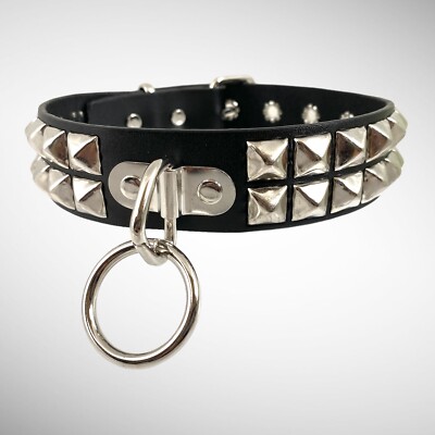 4Bondage Ring - Wristband ＆ Choker Leather Studded Bondage Collar With Ring Double Rows Pyramid