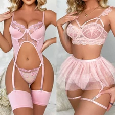 Women's Sexy Lingerie Lace Babydoll Bra Thong Set Sleepwear Underwear Nightwear