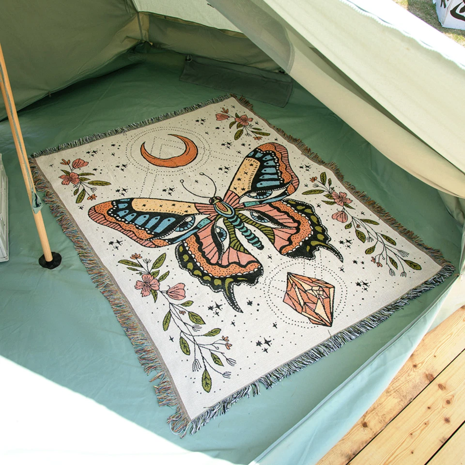 Boho Butterfly Blanket Celestial Moon Cotton Throw Tapestry Home Decor 130x160cm - Image 2 of 4
