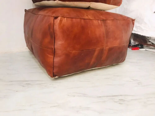 18X18 Boho Large Square Coffee Table Pouf in Distressed Brown Leather - Picture 3 of 7