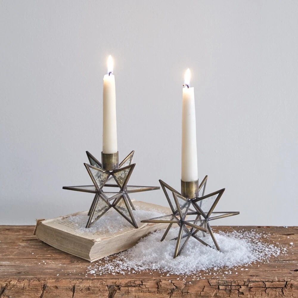 Moravian Star Candle Holders For Taper Candles Set 2 Mercury Glass Antique  Brass