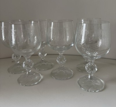 6 Crystalex Wine Glass Queen's Lace Bohemia Crystal Clear Etched Goblets VTG