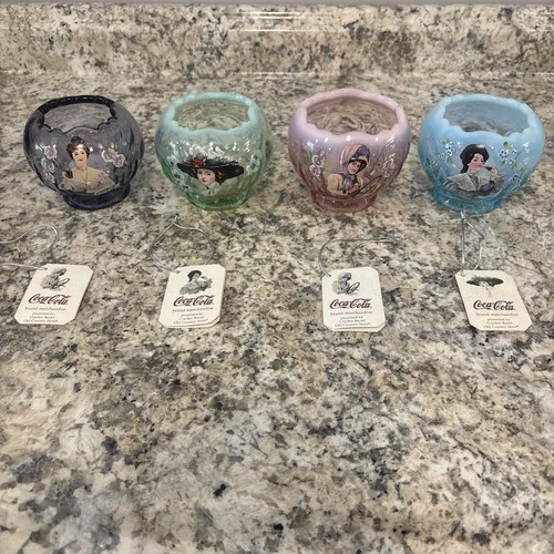 Fenton Coca Cola Glass Rose Bowl Set Hand Painted Green Blue Pink Tea Lights