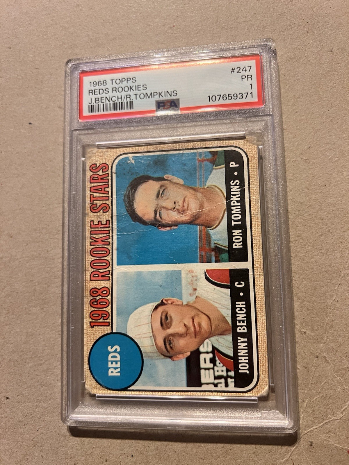 1968 TOPPS #247 JOHNNY BENCH RON TOMPKINS PSA 2 CINCINNATI REDS HOF ROOKIE RC