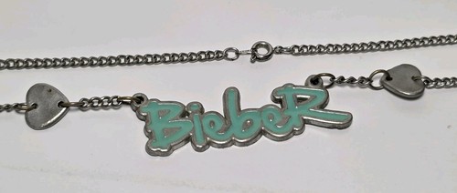 Vintage Justin Bieber Enamel Metal Heart Spellout Logo Necklace 22" Rare (J1) - 第 1/5 張圖片