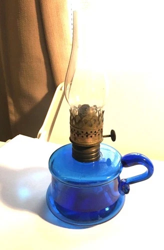 antique embossed Little Buttercup Miniature Oil Kerosene Lamp pretty Blue Glass
