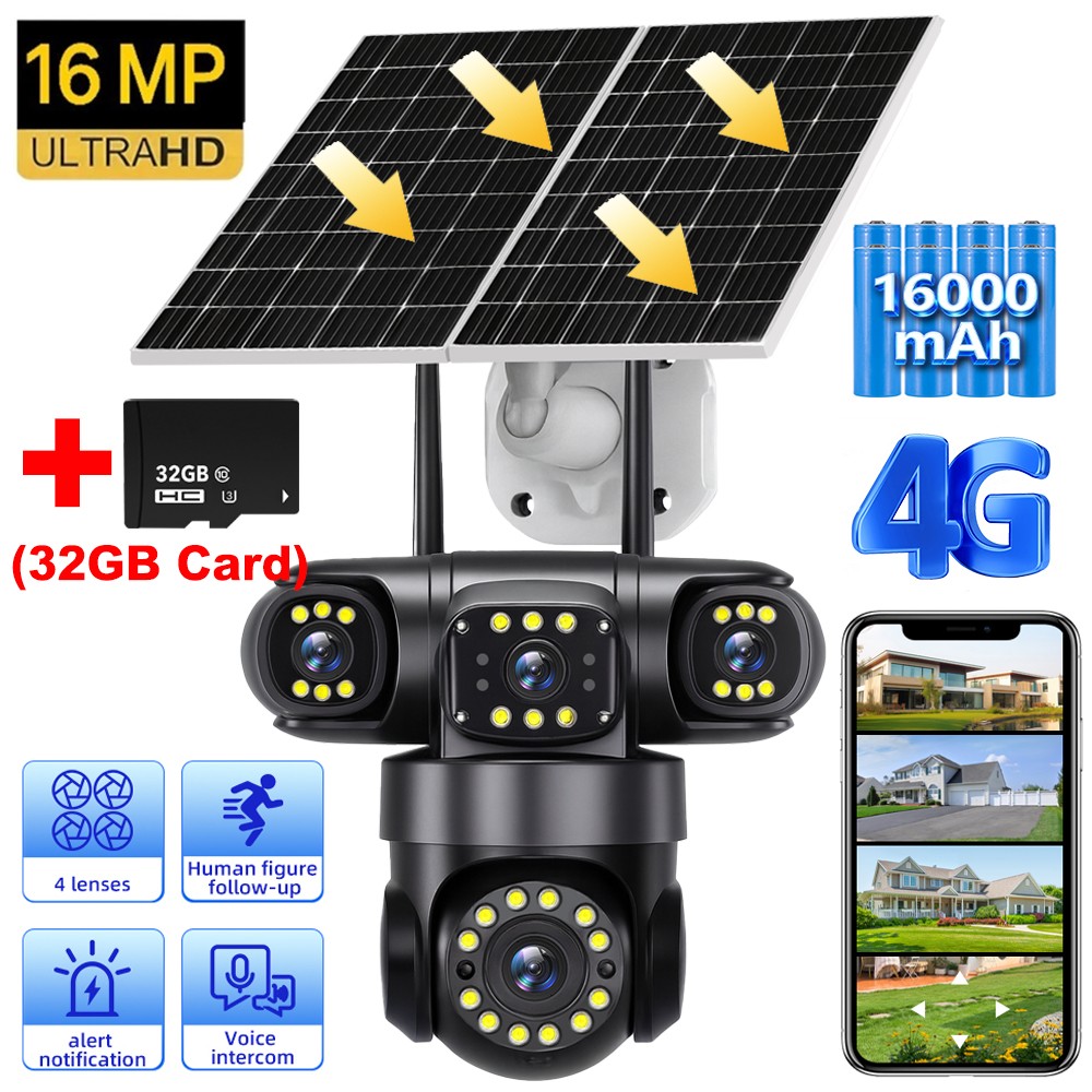 4G SIM 16MP 4 Lens Solar Battery Powered Home Security Camera Outdoor CCTV PTZ