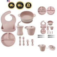Baby Feeding Set Silicone 9PCS Self Feeding Utensils Divided Plate Bowl Sippy...