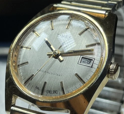 Vintage 1978 Timex Sprite Date Mechanical Watch Gold Tone 24560 02578 Running