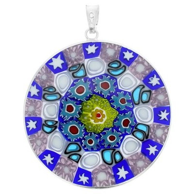 GlassOfVenice Murano Glass Millefiori Pendant in Silver Frame 1-1/2''