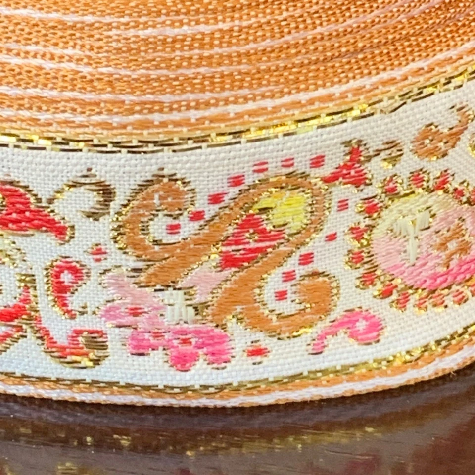 Vintage Floral Paisley Jacquard Brocade Ribbon Gold Pink Yellow 1.5” Wide Estate - Image 3 of 4