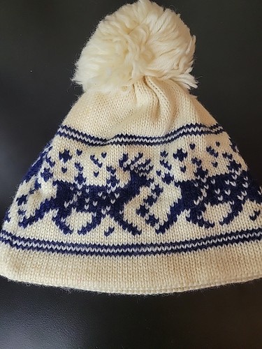 Dale of Norway Mütze Mütze Kappe reine Schurwolle Strick Bommel gelb beige Rentier - Bild 6 von 6