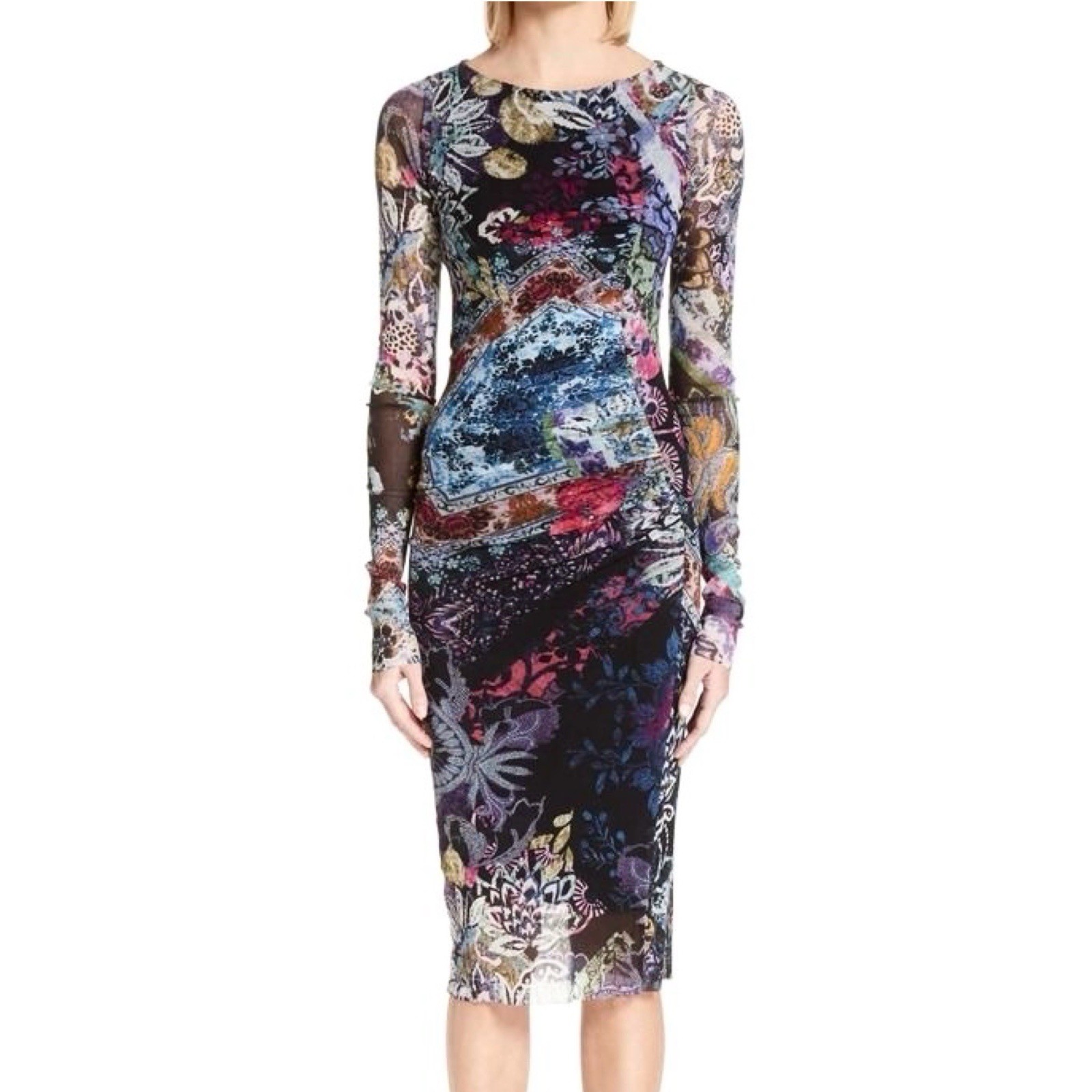 Fuzzi Womens Large Collage Multicolor Mesh Ruched Long Sleeve Midi Dress