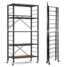 COSTWAY 5-Tier Foldable Shelving Unit Heavy Duty Metal Shelves with Wheels