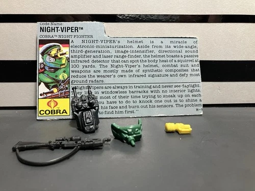 GI JOE ARAH 1989 NIGHT VIPER Lot: Filecard, Backpack, gun, visor, K.O. Monacle