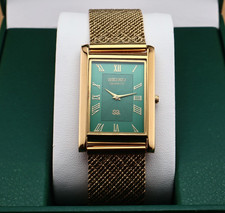 Vintage Seiko Slim Quartz Men's Wrist Watch Green Dial with Golden Mesh Band.