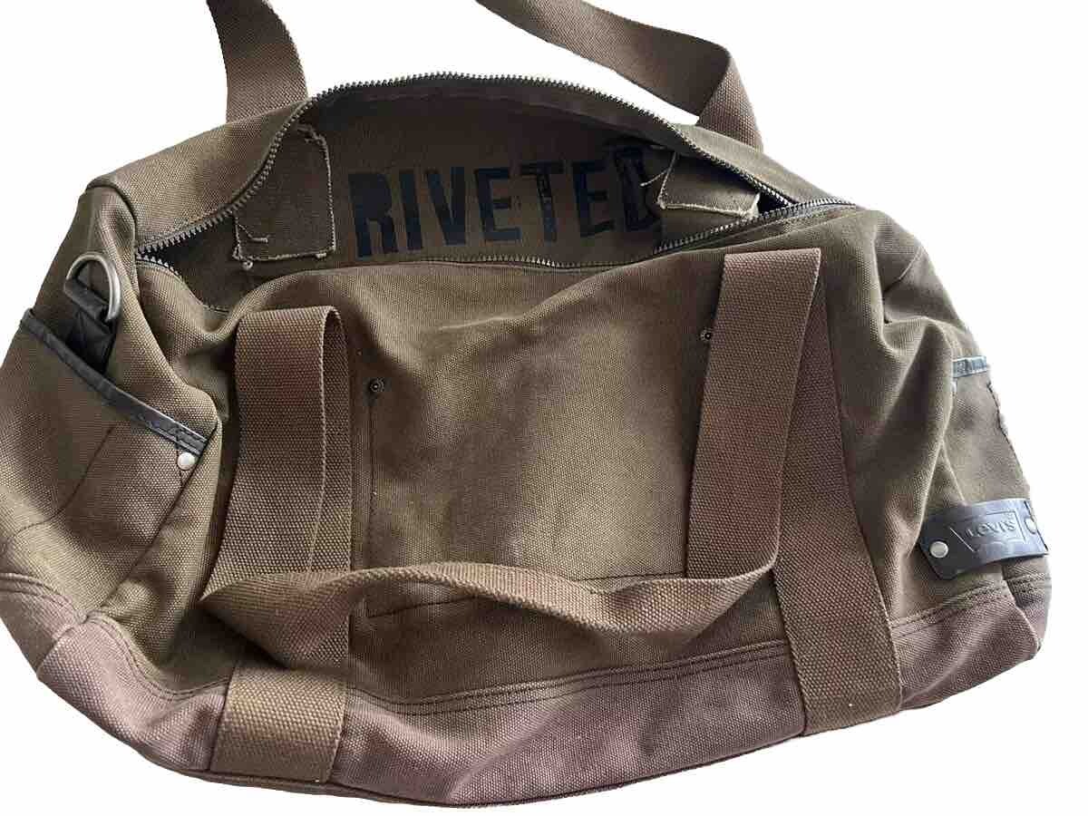 Vintage Levi’s Riveted Army Green Tan Canvas Weekender Duffle Bag Tote