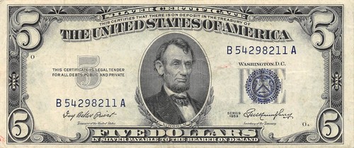 USA $5 Series of 1953 Block B - A Circulated Banknote Z19