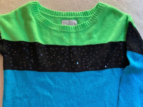 Justice Striped Sequin Sweater Girls Size 12 Green Blue Black - Picture 2 of 4