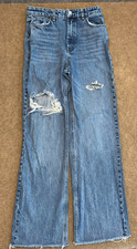 Zara Jeans Womens 8 Wide Leg Straight High Rise Distressed Raw Hem Boho Denim