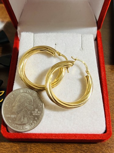 18K 750 Fine Saudi Real Gold Womens Hoops Loop Earring Medium 1” long 4.6g 4mm - Picture 8 of 12