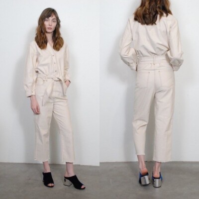 NANUSHKA XS Prya Balloon Long Sleeve Denim Belted Jumpsuit in cream