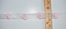 PINK BEADED FLOWERS ON WHITE RIBBON TRIM   7/8 INCH WIDE X BY THE YARD
