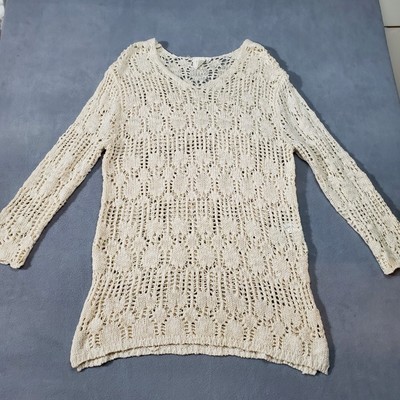 White Crow Top Womens Large Ivory White Crochet Long Sleeve V Neck Peasant Lace