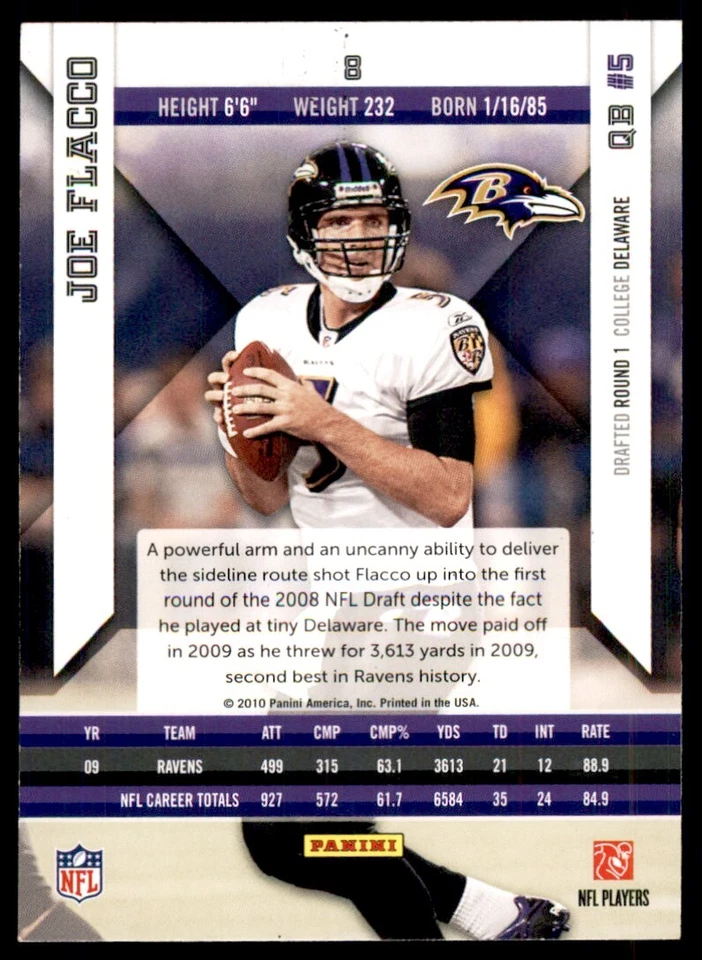 2010 Panini Epix Football Card Joe Flacco Baltimore Ravens #8 - Image 2 of 2