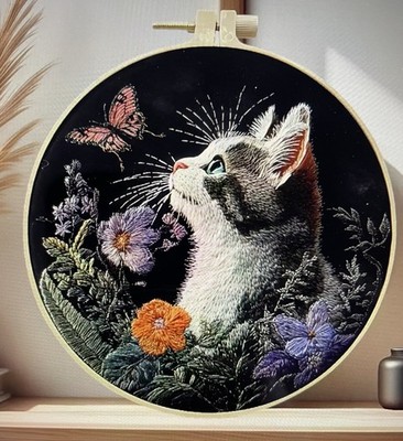 Stickpackung - Atemberaubende Katze mit Schmetterling & Blumen Komplettset 15 cm mit Reifen