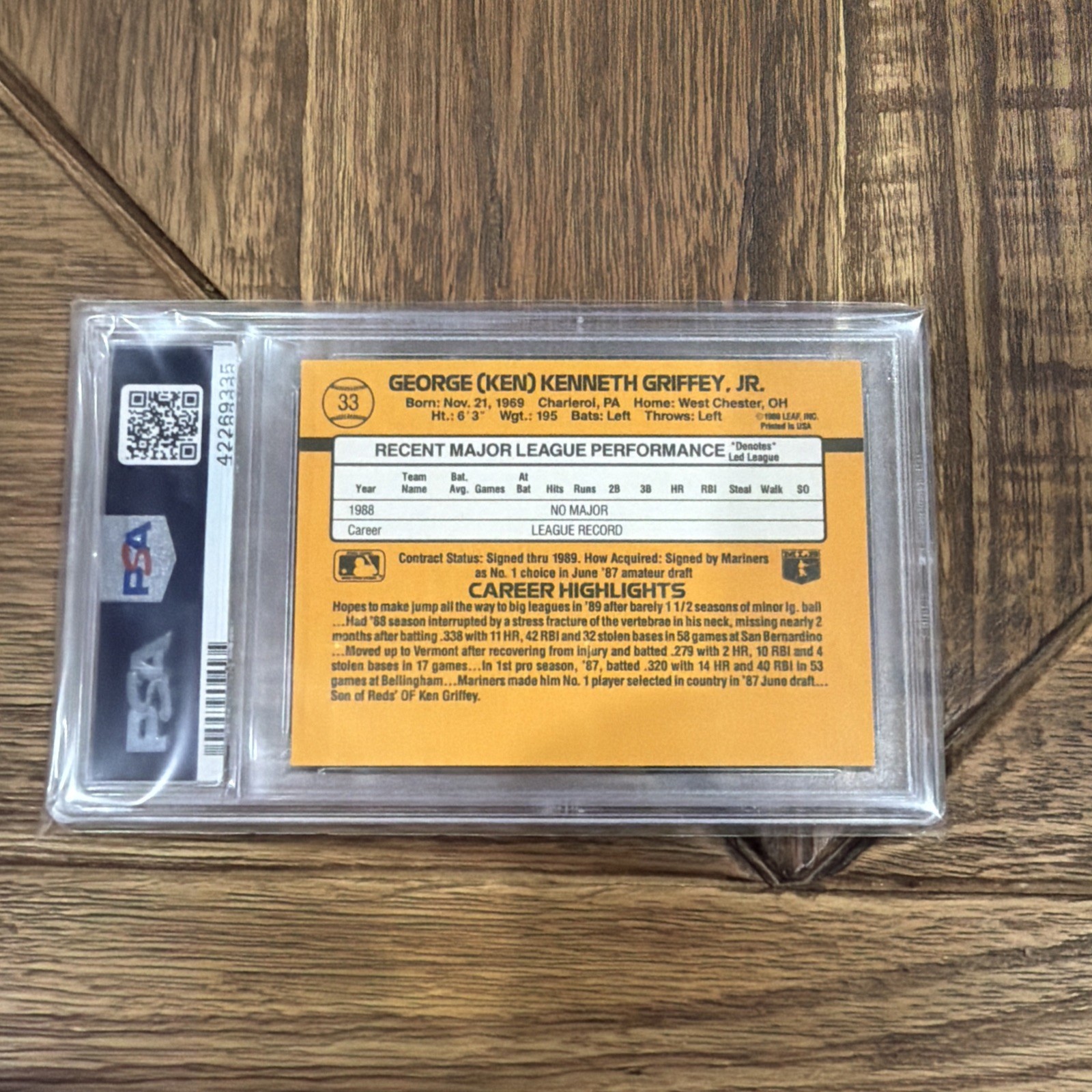 1989 Donruss Ken Griffey, Jr. #33 PSA 9 Rookie Card view 3