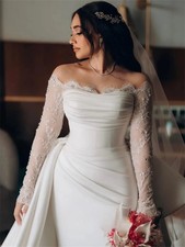 Satin Mermaid Wedding Dress Off Shoulder Full Sleeves Long Maxi Bride Dresses