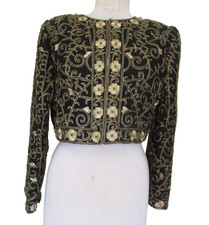 Vtg Laurence Kazar Womens Silk Cropped Jacket L Beaded Embroidered Black Gold