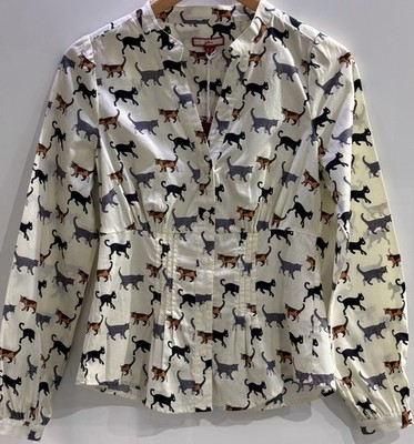Joe Browns Kitty Cat Print Shirt Creme 100% Baumwolle UK 8 Neu mit Etikett