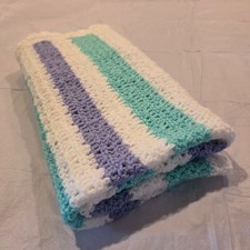 Striped Handmade Crochet Baby Blanket in Teal, Purple, and White