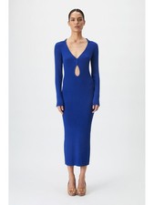 BARDOT Womens Blue Two Button Closure Long Sleeve Tea-Length Sweater Dress L