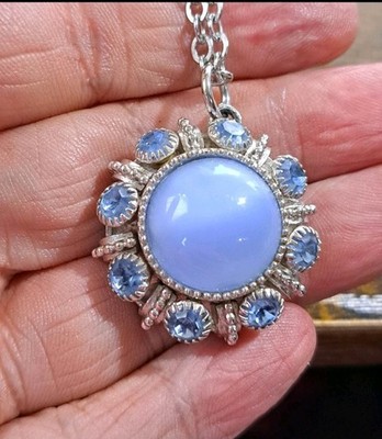 Vintage 1974 Avon Moon Magic Pendant Necklace Blue Rhinestones Moonglow Center