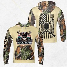 Personalized Camo Hunting Hoodie  Buck Yeah Deer Print Antler Flag  Crossed