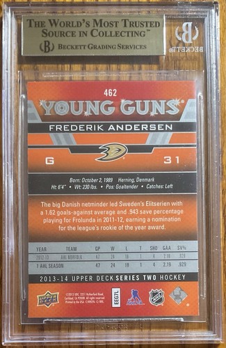 2013-14 Upper Deck Young Guns Rookie RC Frederik Andersen #462 BGS Beckett 9.5 - Picture 2 of 2