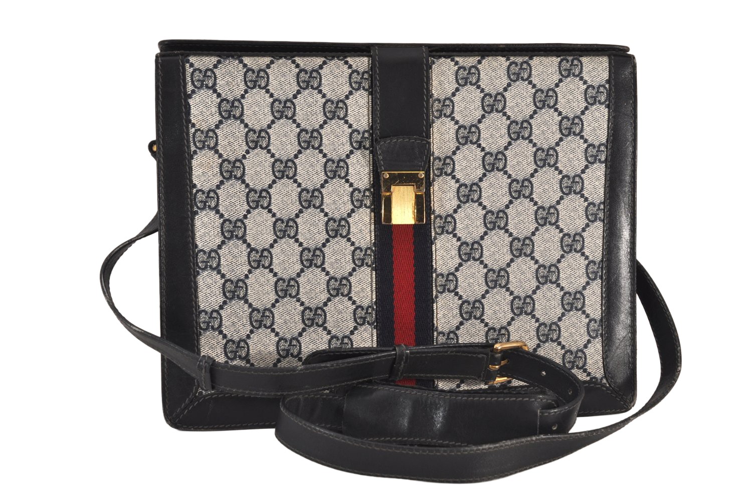 Authentic GUCCI Sherry GG PVC Leather Navy Blue Shoulder Bag 0273N