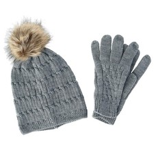 CTM Women's Knit Beanie Hat with Pom and Matching Gloves Set
