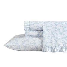 Blue Percale Cotton Bed Linen Set Deep Pocket Sheet Set with Ruffled Hem 4pc